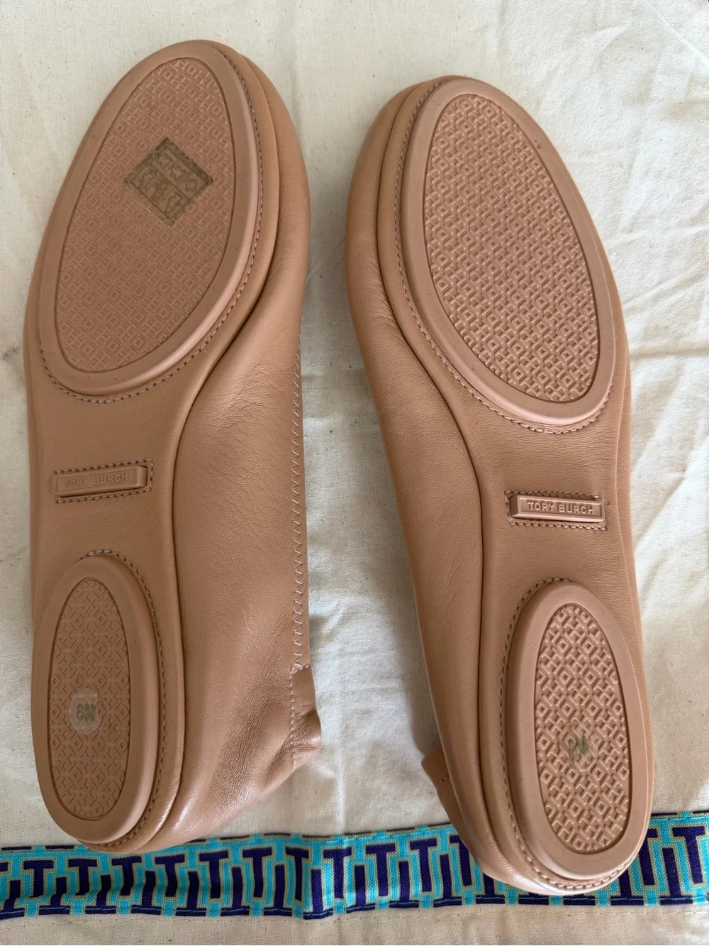 Tory Burch Blush Tan Leather Logo Ballet Flats